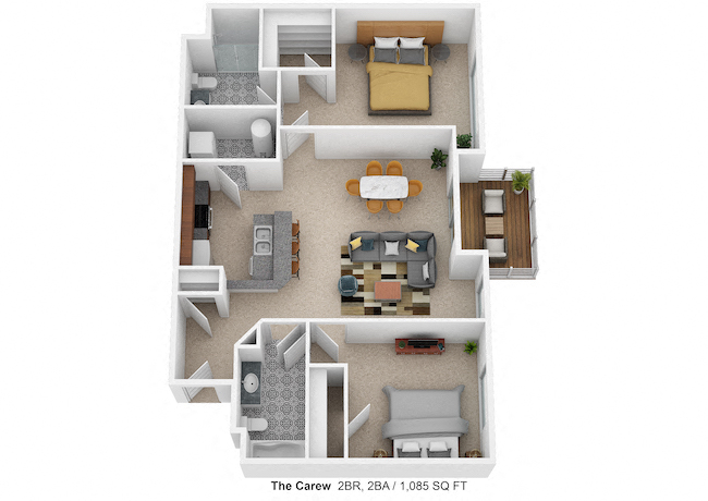 Floor plan for 2 beds, 2 baths, 1090 sqft